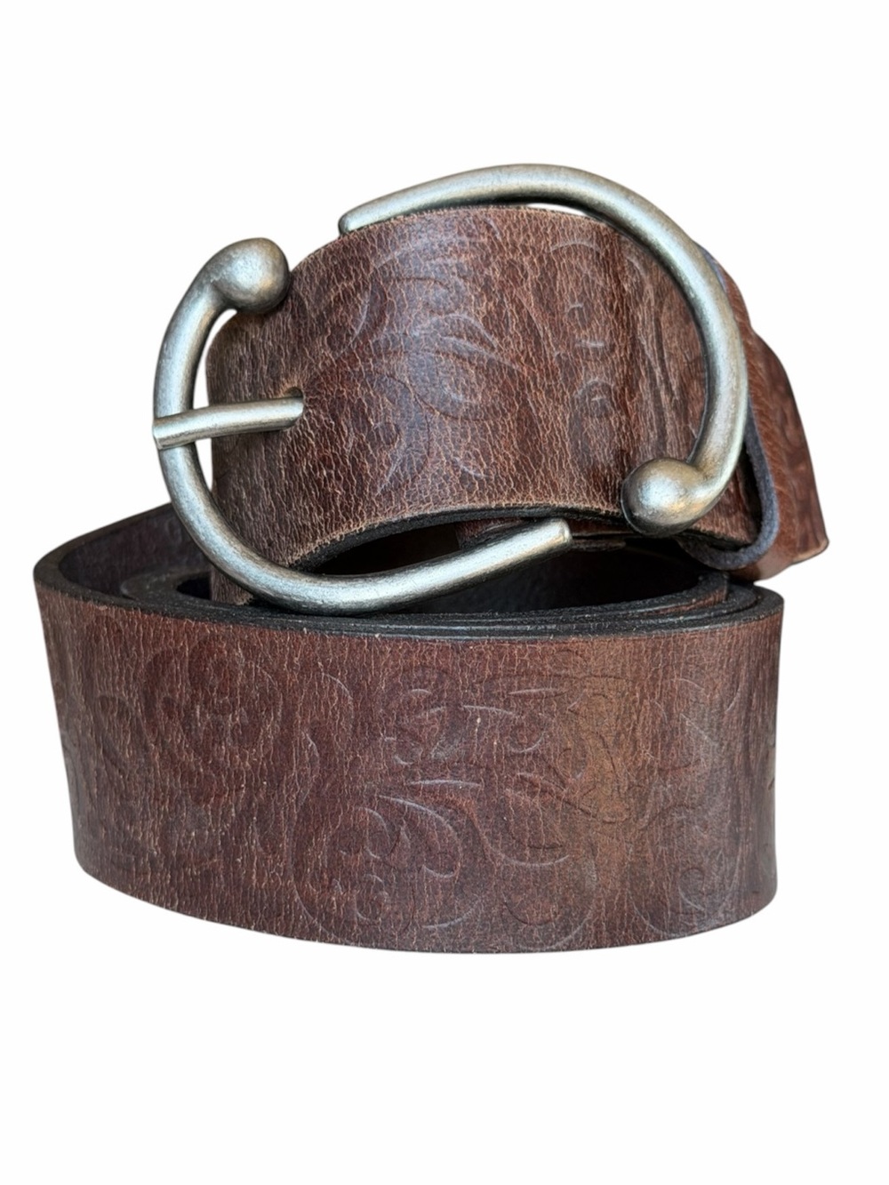 Brown Medium Genuine Leather Embossed Floral Print Belt Unique Buckle Boho